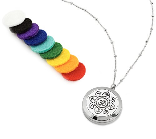 OM AUM Essential Oil Diffuser Necklace Aromatherapy Jewelry - Hypoallergenic 316L Surgical Grade Stainless Steel, 20.8" Chain + 9 Washable Insert Pads (Silver)