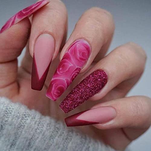 MouYou 24 Stück Press on Nails lang, Ballerina Fake Nails Full Cover Kunstnägel mit Nagelkleber, French Rosen Rose Pink Glitter Acryl Künstliche Fingernägel für Frauen & Mädchen Cover