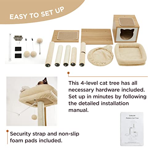 Lesure Modern Cat Tree for Large Cats - Tall Cat Climbing Tower for Indoor Cats with Wood Cat Condo, Hammock and Scratching Post, 50 Inches, Beige