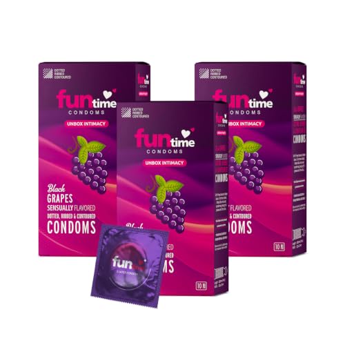 Image of Funtime Black Grapes Flavoured Dotted Condoms | Ribbed & Contoured Condoms for Higher Pleasure | Made With Natural Rubber Latex | Lubricated for More Excitement & Satisfaction - Pack of 3 (10count each)