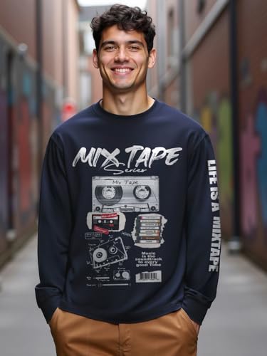 Image of Bewakoof Men's Graphic Printed Oversized Fit Full Sleeve Round Neck Cotton Jersey T-Shirt
