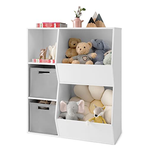 5-Cube Kids Toy Storage Cabinet, Freestanding Children Bookcase w/ 2 Foldable Storage Bins, Open Multi-Purpose Storage Display Organizer for Kids Room, Play Room, Hallway, Nursery