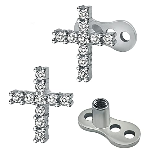 2Pcs 14G Cross Dermal Anchor Tops and Base Stainless Steel Cubic Zirconia Internally Threaded Microdermals Body Piercings Studs Dermal Piercings Surface Skin Piercing Body Jewelry for Women Men