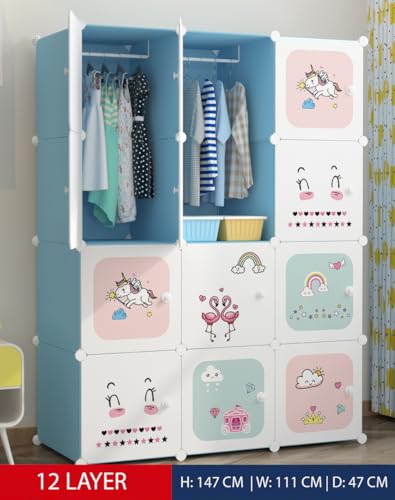 Image of Sunderlook Plastic Wardrobe for Kids Clothes - Collapsible Wardrobe, Easy to Use Anti-Skid & Non-Slip Effective Professional Foldable Plastic Cupboard for Kids, Home (Blue-KTK2, 12 Door)