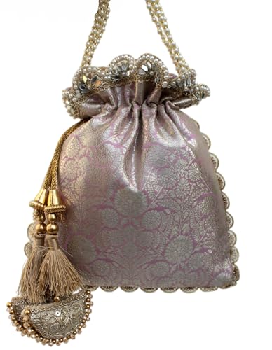 Image of MILAN'S CREATION Pure Banarasi Potli Silk Brocade Bag Purse Drawstring Women's handbag with Pearl Handle & Tassel Weddings
