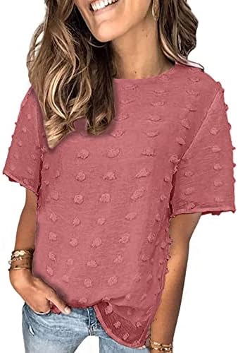 BTFBM Women's Cute Swiss Dot Casual Summer Tops Crewneck Short Sleeve Chiffon Blouses Solid Color Loose Fit Shirts Tees (Red, Large)