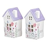 Design : motif floral printanier et toit violet pour une décoration élégante pour table, rebord de fenêtre ou commode dans des couleurs fraîches.