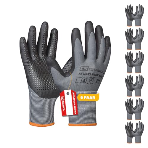 Gebol Multi Flex Eco, 6 Paar Arbeitshandschuhe für Herren mit Noppen aus Nitril-Mikroschaum, Atmungsaktive Handschuhe für Montage & Werkstatt, Antirutsch-Griff, L (Gr. 9)