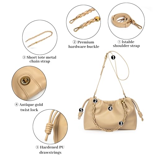 Bucket Hobo Purse for Women. Designer Drawstring Shoulder Bag with Top Chain Tote Handle and Long Crossbody Strap2