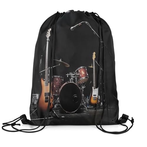 jejeloiu Musical Instrument Drawstring Backpack 13x15.7inch Guitar Drum Kit Gym String Bag Black Orange Decor Sports Drawstring Sackpack