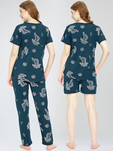 Image of ZEYO Night Suit for Women's Cheetah & Floral Printed Cotton Night Dress of Top,Pajama & Short's 3Pc'S Set 5733