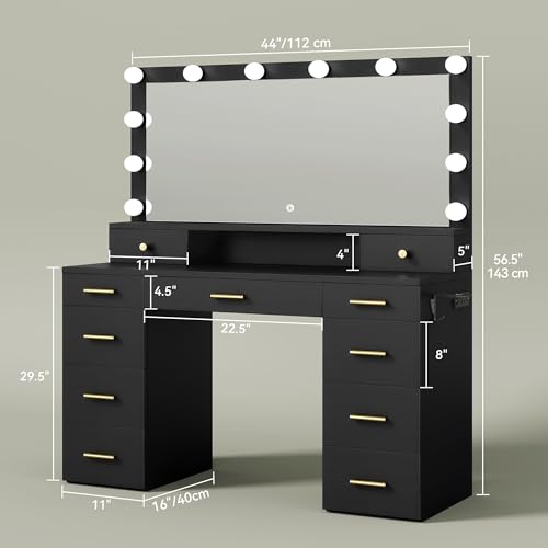 DWVO Vanity Desk Large Black USB & Type C 11 Drawers for Bedroom, Vanity Desk with Mirror and Lights