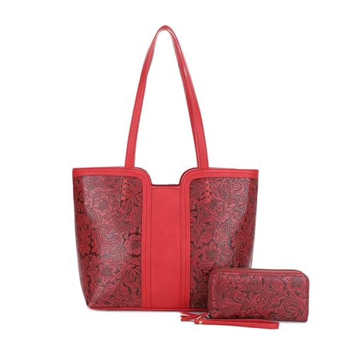 JESSIE & JAMES | Cassidy Tooled Women Concealed Carry Tote Bag with Lock and Key, Top Handle Shoulder Bag with Wristlet Red