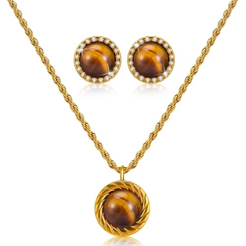 JATEBI Tiger Eye Necklace and Earrings Set