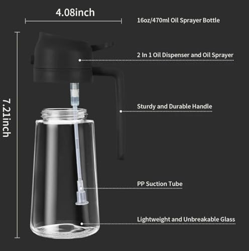Image of DIZOO 2 in 1 Oil Sprayer Dispenser for Cooking, 500ml Leakproof Glass Oil Bottle, Anti-Drip Spray & Pour for Air Fryer, BBQ, Salad (Green)