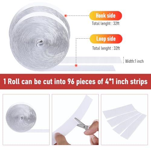 Image of 32Ft *1 Inch Hook and Loop Tape with Adhesive Back, Heavy Duty Double Sided Adhesive Strips, Strong Sticky Strips Roll for Home /Office /School /Car, White