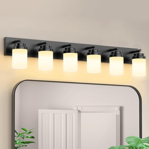 Image of IZORRO Bathroom Vanity Light Fixture, 6-Light 46 Inch Matte Black Bathroom Light Fixtures Over Mirror, with White Glass Shade, Modern Farmhouse Vanity Lights, Rustic Restroom Lighting Fixtures