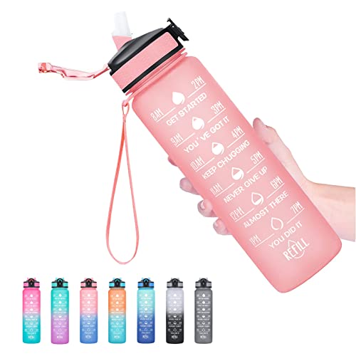 Image of HYETA 32 OZ Water Bottle with Times to Drink and Straw, Motivational Timed Marker Water Bottles with Strap, Leakproof & BPA Free, 1 Liter Reusable Sports Water Bottle for Fitness, Gym & Outdoors, Lotus Matte