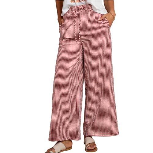 Womens Wide Leg Pants Casual Drawstring High Waisted Plaid Pants Elastic Waist Palazzo Lounge Trousers with Pockets