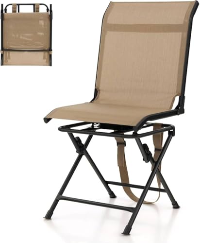 Silla de caza giratoria, silla plegable de camping con respaldo ergonómico, correa para el hombro y almohadillas antideslizantes, asiento ciego portátil y ligero
