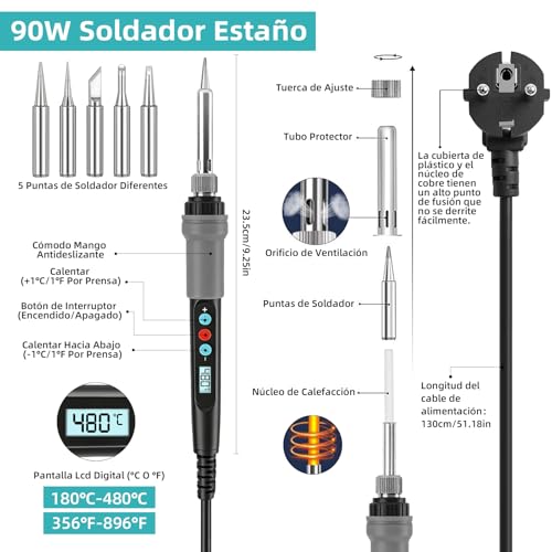 Soldador de estaño 90W con temperatura ajustable y multímetro digital 4