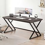 LVB Industrial Computer Desk, Rustic Wood Metal Home Office Desk, Farmhouse Writing Study Gaming Table, Modern Wooden Executive Work Desk Workstation for Student, Dark Gray Oak, 140 CM