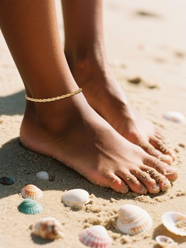 Image of FOCALOOK 14K Gold Plated Anklets for Women Waterproof Plus Size Ankle Bracelet 8.5-10.5 Inch Adjustable Mariner /Figaro /Flat Snake /Cuban Link Chain Anklet Jewelry for Summer Beach Holiday