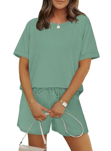 WIHOLL Vacation Outfits for Women Two Piece Spring Break Matching Sets Clothing 2 Piece Travel Clothes for Going Out Summer Sets Beach Outfits Short Sleeve Shirts with Pockets Green M