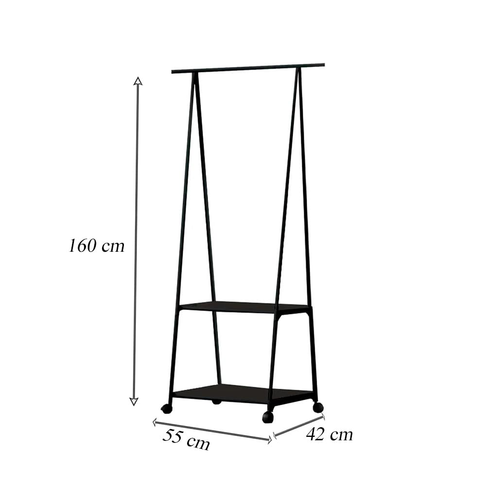 Vetrineinrete® Stand Appendiabiti in metallo per abiti con ruote 2 ripiani espositore guardaroba 160X55X42 cm (Nero)