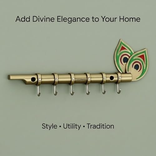 Image of Big Brass Antique Krishna Flute for Key Holder /Key Stand /Keys Hanger Hook /Key Holders for Wall Stylish /Keys Rack Hook /Key Hanging Hooks - Home Decor, Wall Mount - 6 Hooks - (Brass Antique)
