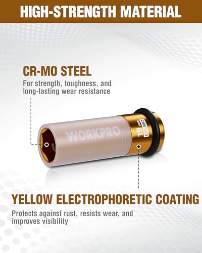 Image of WORKPRO 1 /2 inch Drive Lug Nut Impact Duty Socket, 19mm Deep Thin Wall Socket, Made of Premium Cr-Mo Steel, Non-Marring Lug Nut Wheel Sockets for Car
