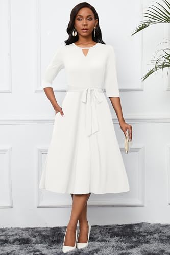CLOCOR Midi Dresses for Women Casual A-Line Fit and Flare Dress Crewneck 3/4 Sleeve Keyhole Cocktail Party Church Dress2