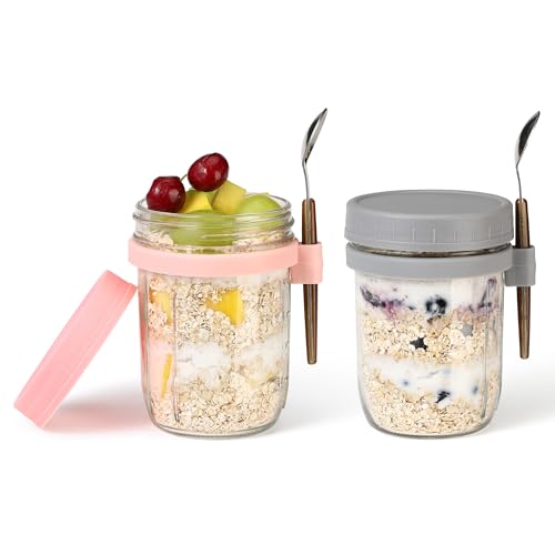 Image of Jars for Overnight Oats, Cereal, Yogurt, fruit,Salad Lunch Container with Measurement Marks16 oz Glass acity Wide Mouth Mason MultiColor 2 Pack (Grey&White-2Pcs)