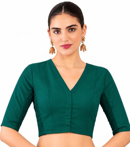 Image of Pujia Mills Women's Taffeta Silk V Neck Smocked Stretchable Readymade Saree Blouse for Women Stylish