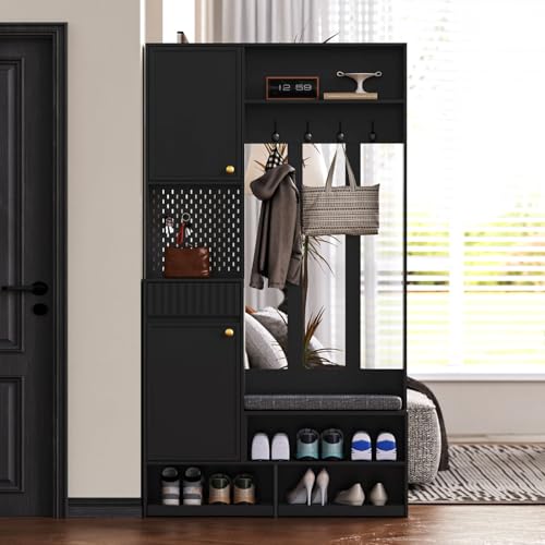 PUGSDRLY Meuble D'entrée,Porte Manteau avec Banc et Rangement Chaussure,4 Crochets,Étagère Ouverte,Armoire,Tiroirs,Vestiaire D'entrée pour...