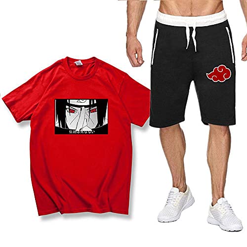 YANJJ Men s Short-Sleeved Suit Summer Cotton Breathable T-Shirt Shorts Anime Uchiha Itachi Print Red+Black-Large l