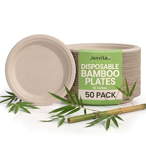 Jenvita Bamboo Paper Eco Disposable Plates (50-Pack, 10-inch) | Sturdy & Microwave Safe | Heavy Duty Eco Friendly Small Plates | PFAS Free, Biodegradable | FSC Certified Alternative to Plastic