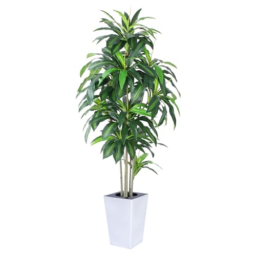 Artificial Dracaena Tree with White Tall Planter, 7ft Tall Potted Artificial Dracaena Silk Plant...