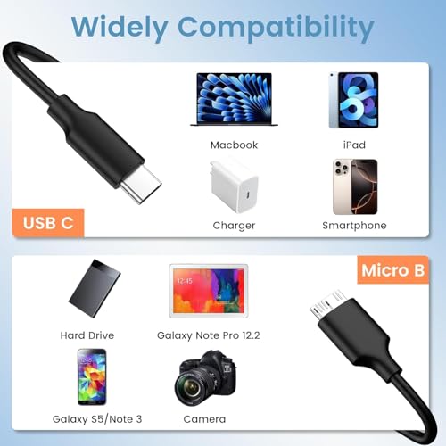 Image of 10Gbps Micro B to USB C Hard Drive Cable 1FT, USB 3.1 USB C to Micro B, High-Speed External Hard Drive for iPhone 16 15 Pro /Pro Max, MacBook Pro /Air, WD Toshiba Westgate Seagate