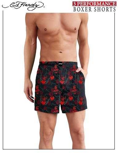 ED HARDY Boxers, 3 Pack, Colors include: Navy with Hearts, Fire Red, White Roses2