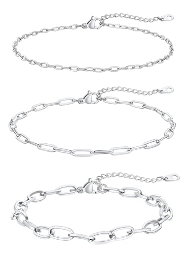 Image of FaithHeart Waterproof Ankle Bracelets for Women, 1 /2 /3Pcs Non Tarnish Stainless Steel Layered Anklet Set Paperclip Figaro Cuban Link Chain Dainty Summer Beach Jewelry Gift Adjustable Size