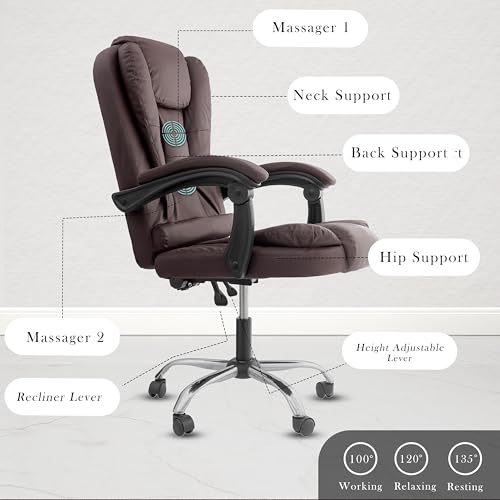 Image of NORMAN JR Italia Premium Leatherette Office Chair for Work | Boss Chair, Ergonomic Executive, Luxurious Cushioned Arms & Seat, 2 Point Back Massager, Heavy Duty Metal Base (Brown)