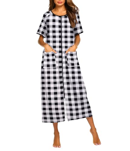 Image of Ekouaer Women Robes Zipper Front Short Sleeve Full Length Housecoat with Pockets Loungewear S-4XL