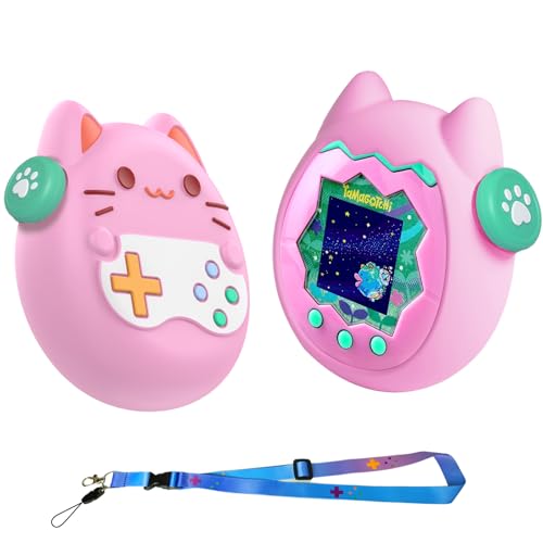 For Tamagotchi Paradise(たまごっちパラダイス) 専用ケース【Srelirly】3倍高反発 保護カバー 耐衝撃 落下防止 防塵防汚 防水 指紋防止 食品級安全 可愛い猫型 全面保護ケース 紛失防止ストラップ&ノブカバー付き (ピンク