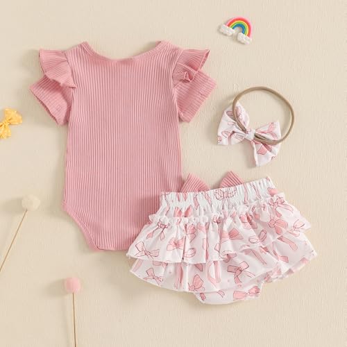 Adobabirl Baby Girl Summer Clothes Short Sleeve Ribbed Romper Ruffle Layered Bloomers Shorts Headband Boutique Clothing3