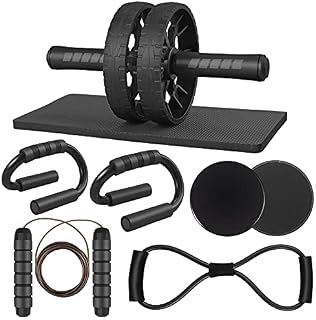 Ab Wheel Roller Set, Anbte 5-in-1 Abdominal Exercise Roller Set Fitness Accessories with Push-Up Bar, Skipping Rope, Tension rope, Core Sliders and Knee Pad Strength Training gym Equipment for Home