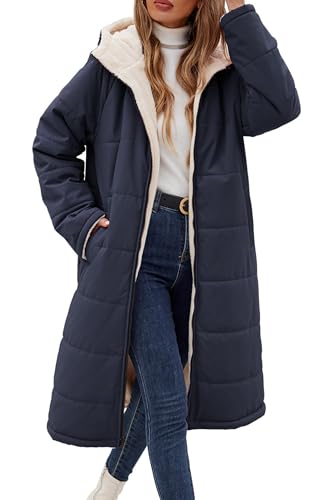 Vancavoo Wintermantel Damen Lang Winterjacke Warm Gefüttert Winterparka Winter Jacke Mantel Parka Steppmantel Daunenmantel mit Kapuze,Marineblau,L