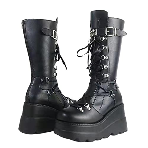 Image of Gothniero High Platform Knee Boots Chunky Heel Wedge Black Boots For Women Combat Goth Punk Motorcycle Booties Zip up With Metal Buckles Size5-11