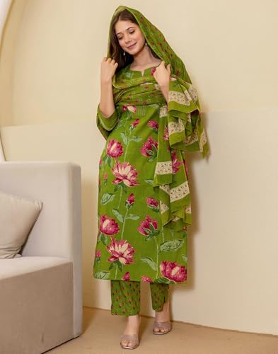 Image of SKYLEE Women's Cotton Printed Straight Kurta with Pant & Dupatta