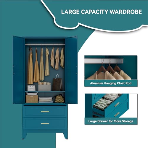 Image of Blue Metal Wardrobe Closet, Armoire Wardrobe with Two Drawers Clothes Cabinet for Bedroom, 71 inch Tall Farmhouse Steel Armoire Closet with Drawers and 2 Doors Clothing Storage Cabinet with Hanging Rod